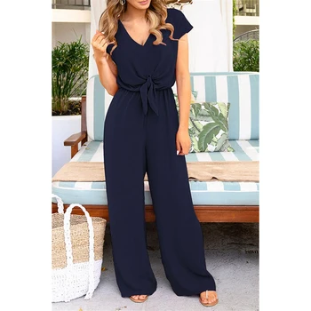 

Summer New Short Sleeve Ladies Black Blue Navy Holiday Beach Playsuit Romper Women Bow Knot V Neck Wide Leg Long Pants Jumpsuit