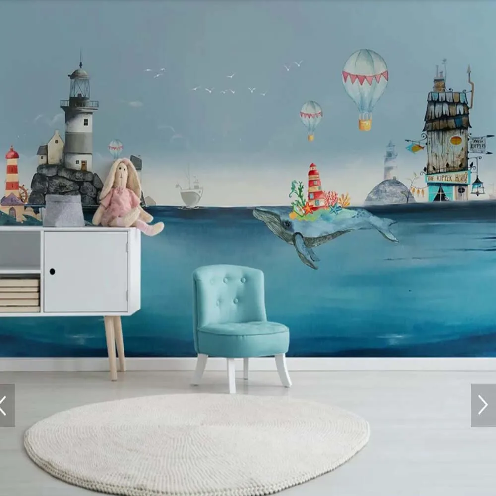 

European Novelty Colorful Mediterranean Sea Ocean Whale Kids Bedroom Bedspread Wall Decor Print Painting Photo Wallpaper Mural