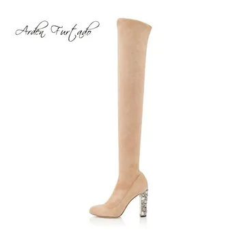 

Arden Furtado 2018 autumn winter boots rhinestone chunky heels 10cm over the knee boots fashion Stretch boots women's shoes 43
