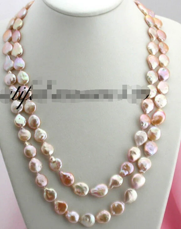 

FREE SHIPPING Long 50" 14mm nature pink coin freshwater pearl necklace