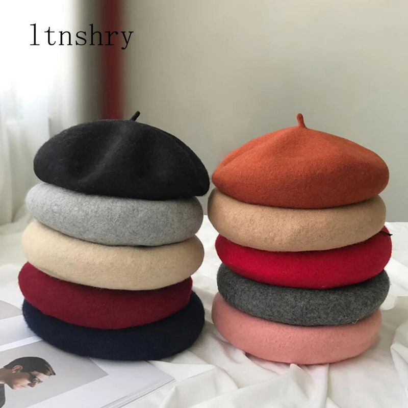

2019 spring Winter Lady Berets Hat Painter style hat Women Wool Vintage Berets Solid Color Caps Female Bonnet Warm Walking Cap