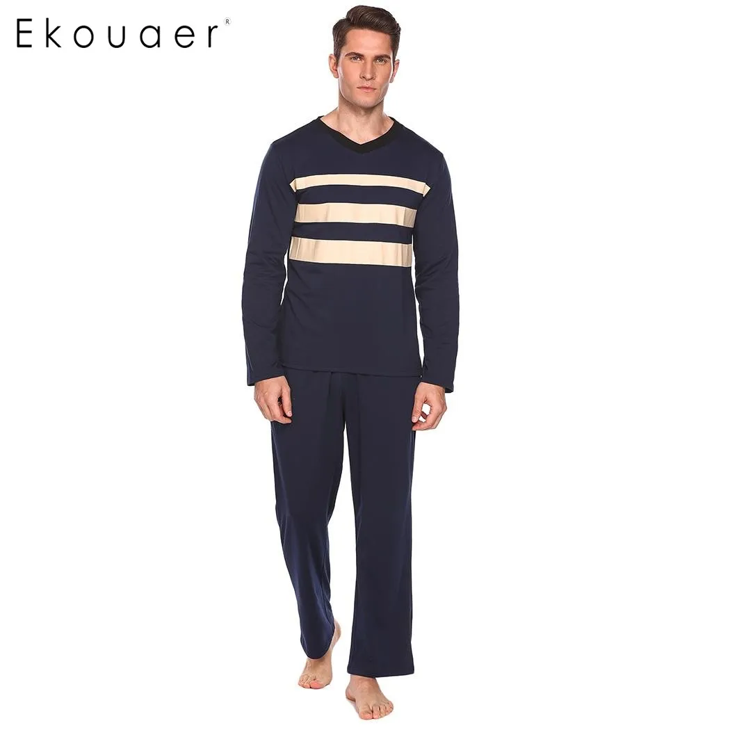 Ekouaer Cotton Men Pajamas Set Sleepwear V Neck Loose Striped Shirt