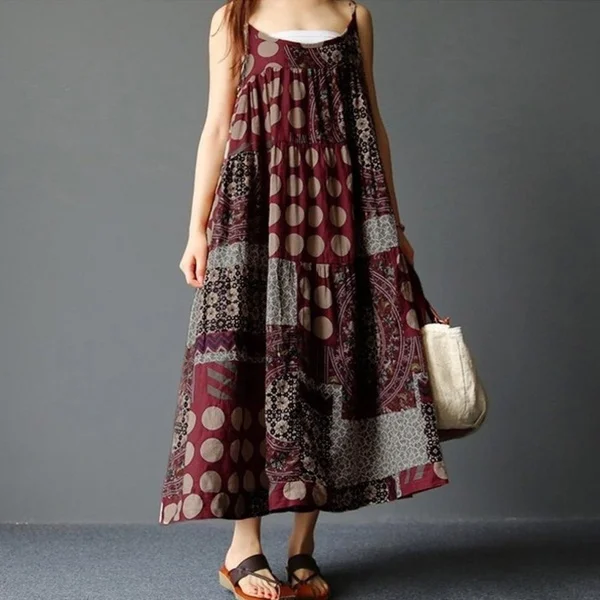 

Women Sleeveless Linen Strappy Loose Boho Print Long Dress Plus Size S - XXXXXL