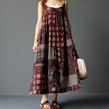 

Women Sleeveless Linen Strappy Loose Boho Print Long Dress Plus Size S - XXXXXL