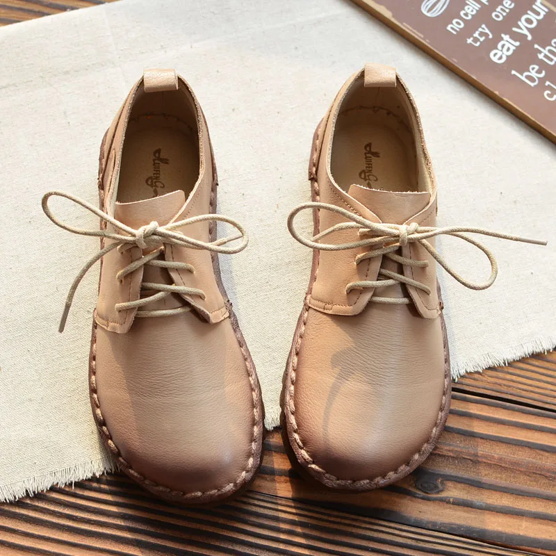 Automne Plates Étudiants Cuir Casual Coréens Nouvelle apricot marron Véritable En Simples Art Fille Beige Mori noir Chaussures Sauvages Rétro Femelle FqXFwYBx7
