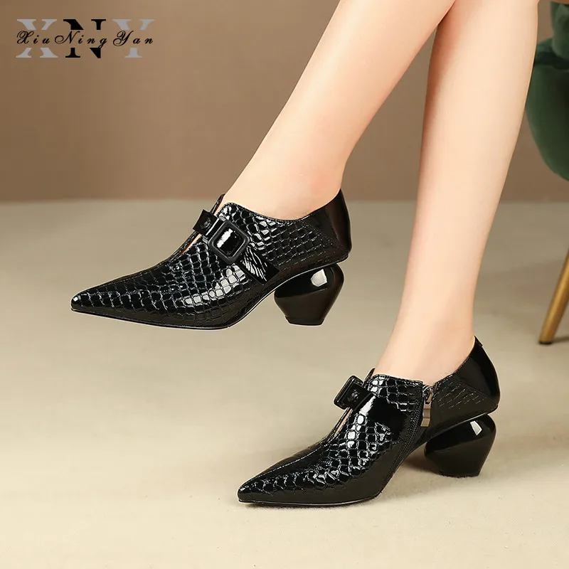 

Xiuningyan Genuine Leather Women Pumps Pointed Toe Zip Footwear High Heels Lady Shoes Fashion Office Shoes Woman Spring 2019 New