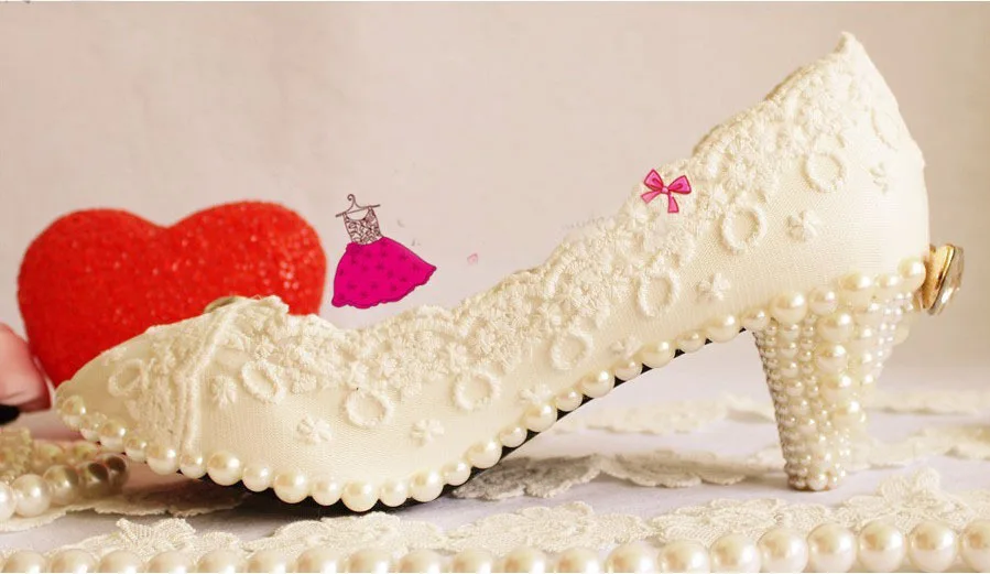 

White 6cm Middle Heel Pearl sparkling diamond wedding shoes handmade Lace wedding shoe pearl shoes formal dress shoe