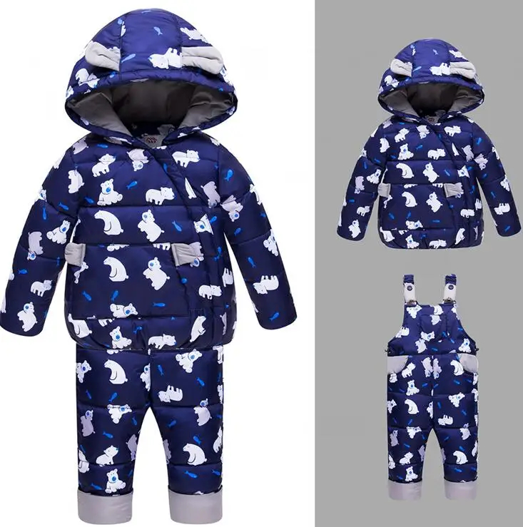 New kids down bear printed suits Children's duck down Outerwear&Coats with cap+Bib pants 2pcs boys girls winter warm set - Color: Blue