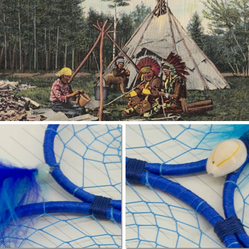 JX-LCLYL Handmade Blue Dream Catcher Luminous Owl Feathers Wall Hanging Decoration