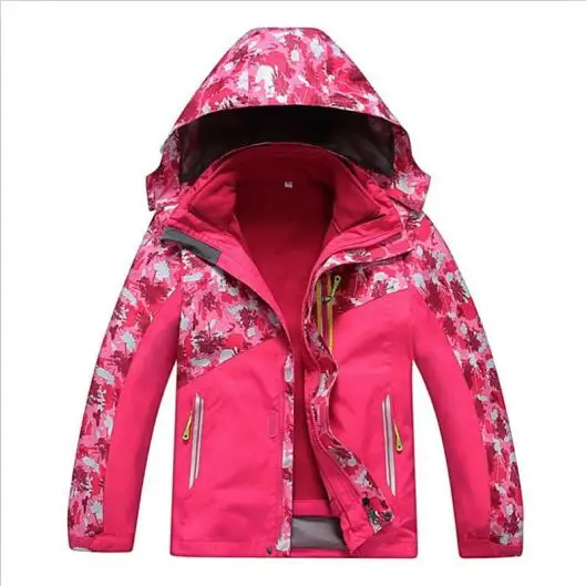 Одежда для маленькой девочки, куртка Термоизолированный ветрозащитный Водонепроницаемый, 2 в 1, съемная лыжный Сноубординг куртка с капюшоном, пальто - Цвет: rose red