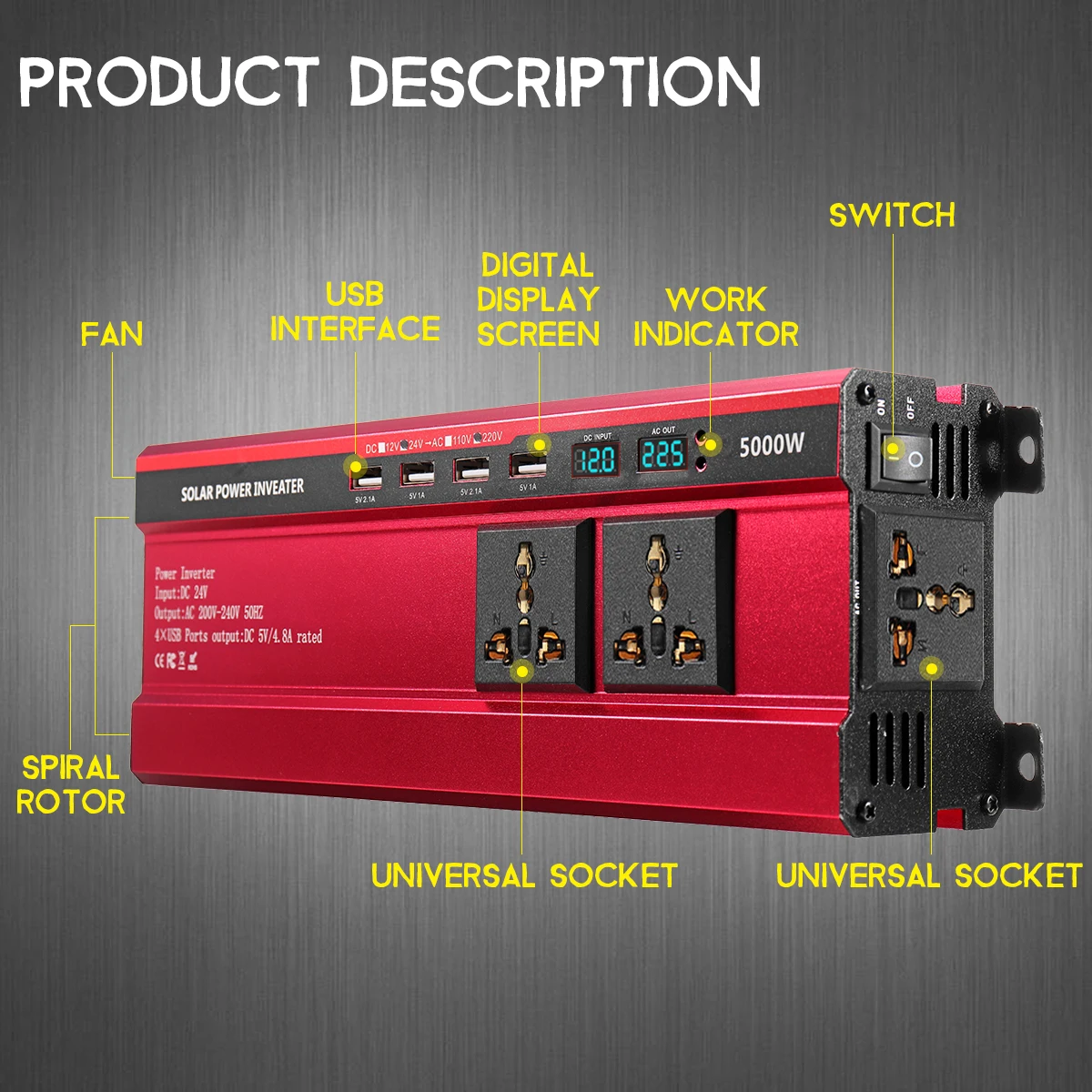 Красный Солнечный инвертор 12V 220V 5000W P eak преобразователь Напряжения DC 12V в AC 220V автомобильный инвертор UK/Универсальный ЖК-дисплей