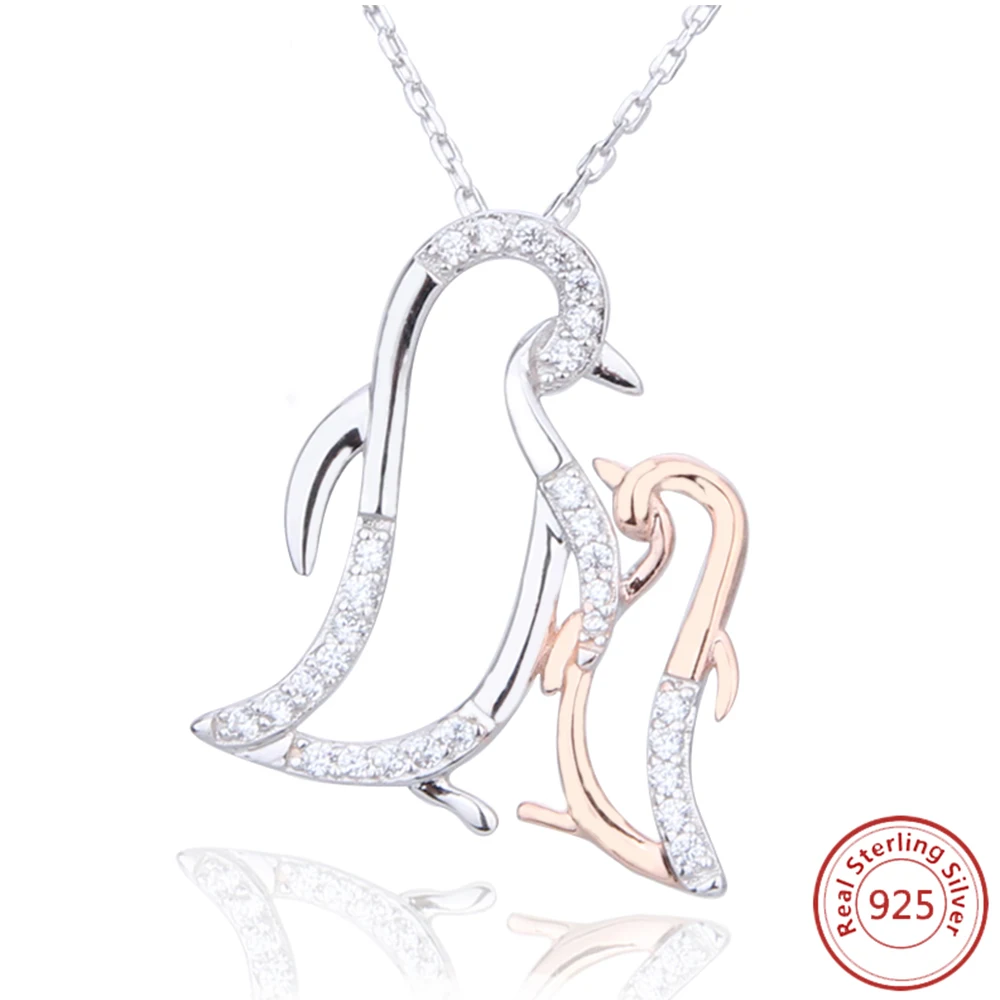 

Mom Love Daughter Forever With 100% 925 Sterling Silver Pendant Necklace CZ Cute Couple Penguin Pendant Jewelry for Dropshippng