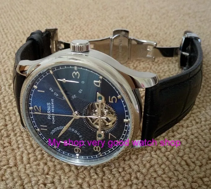 

new blue dial 43mm PARNIS Butterfly buckle Automatic Self-Wind mechanical watches power reserve men watches 184A