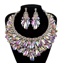 Luxury Bridal Jewelry Sets Gorgeous AB Crystal Gold Plated Necklace Earrings For Brides Party Prom Wedding Accessories