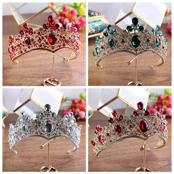 

Gold Color Baroque Vintage Women Diadem Large Crystal Full Round Prom King Crown Wedding Pageant Queen Tiara Bridal Hair Jewelry