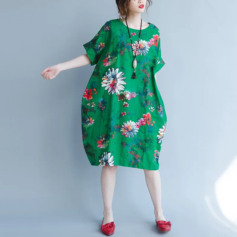 Plus Size Women Casual Cotton and Linen Green Dress Shift Dress Loose