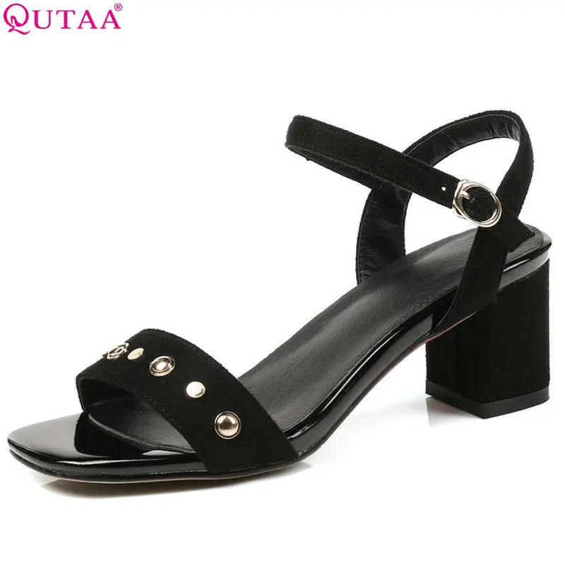 

QUTAA 2018 Women Sandals Cow Suede Fashion Square High Heel Fashion Women Shoes Platform Square Toe Ladies Sandals Size 34-43