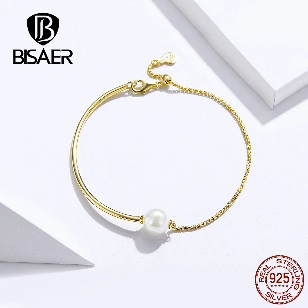 

BISAER New Arrivals Golden Pearl Chain Bracelet For Women 925 Sterling Silver 2019 Hot Fashion Bracelet women Bracelets GAB019