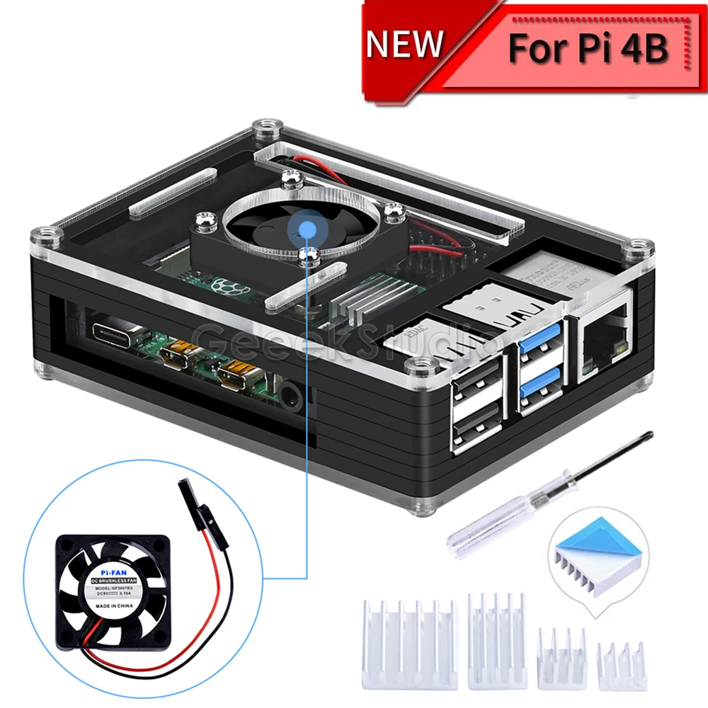 Acrylic Plastic Black Case with cooling fan for Rasberry Pi 4B(4 Model B)(Not Include