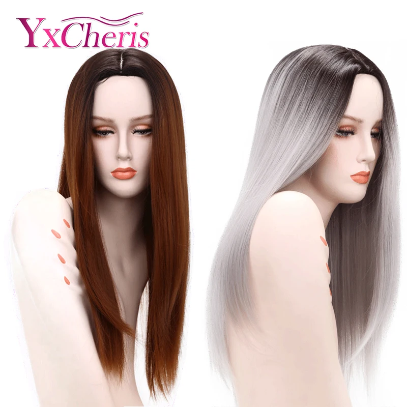 

YxCheris Ombre Grey Wigs For Women Brown Blonde Hair Wigs Female Heat Resistant Fiber Long Woman Wigs Halloween Costume