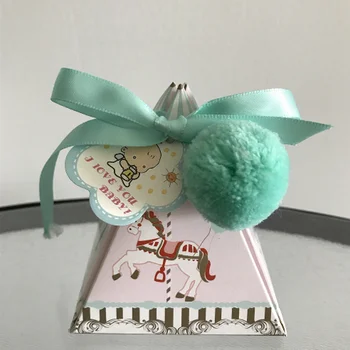 

50 X European Triangular Pyramid Baby Baptism Party Gift Box Baby Shower Candy Boxes Bomboniera With Ribbons & Tags & Balls