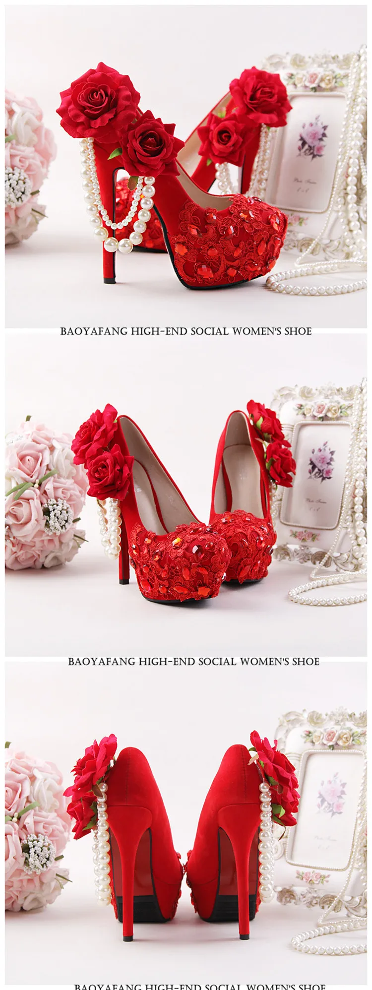 Новое поступление, женские свадебные туфли из флока красного цвета обувь на платформе и высоком каблуке 8 см, 11 см, 14 см Свадебная обувь с большим цветком Красная Подошва