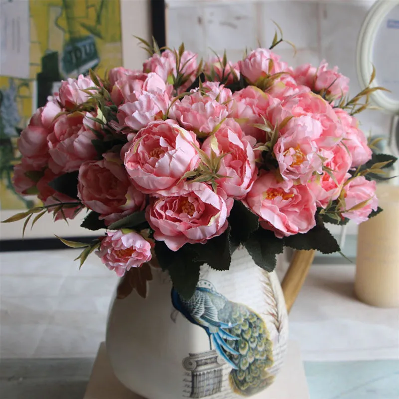 Искусственные розы шелковые цветы, пионы букет листьев Цветочные Свадебные праздничный декор для сада домашний магазин кофе офис отель Фото Цветы - Цвет: pink