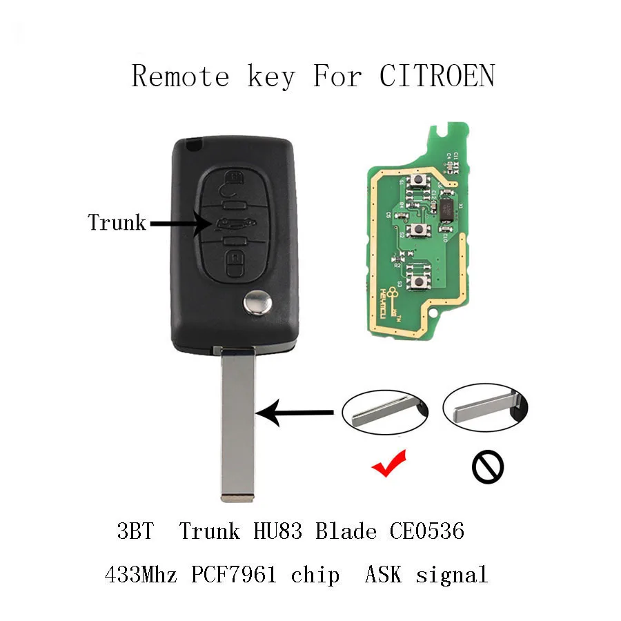 

433mhz Folding Remote Car Key for CITROEN C2 C3 C4 C5 C6 XSARA PICASSO 3Button Flip Car key with PCF7961Chip ASK Signal