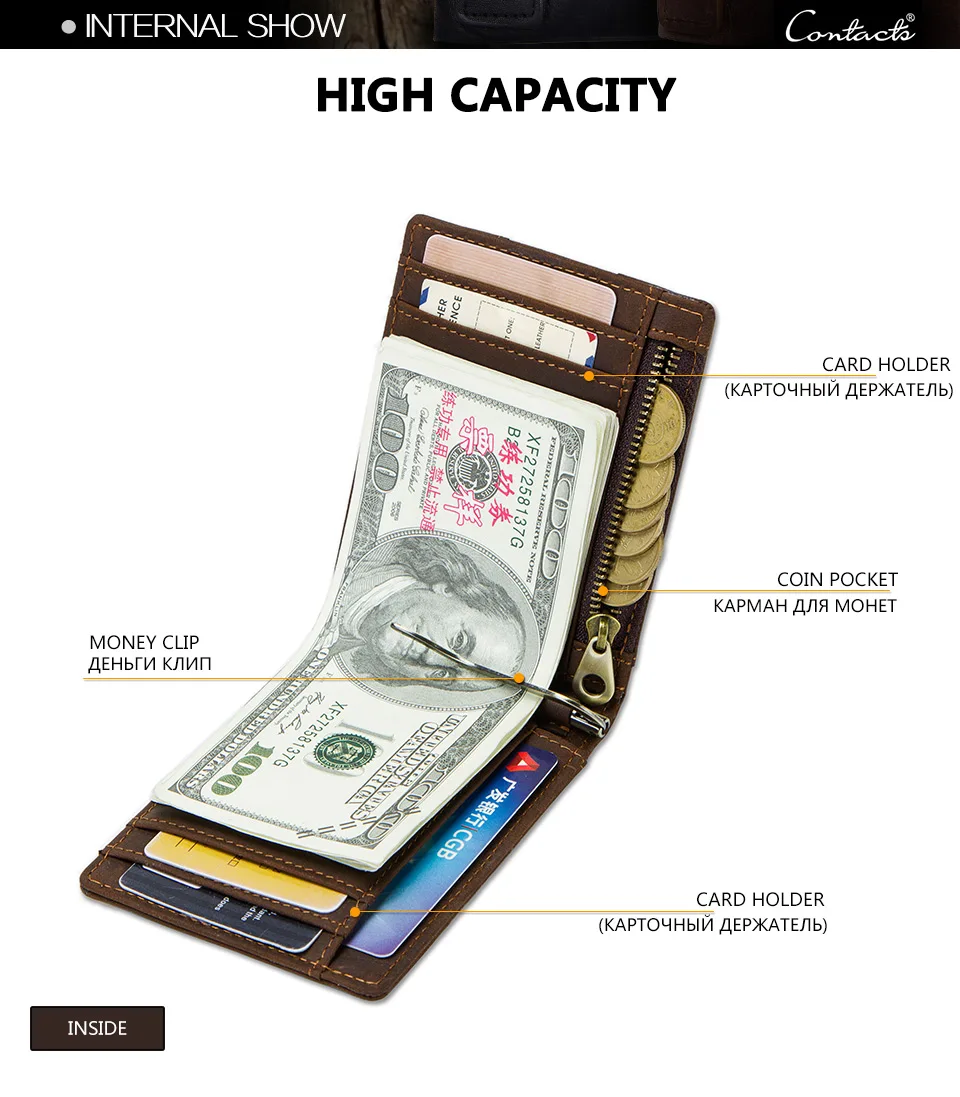CONTACT'S Мужской тонкий бумажник из натуральной кожи с застежками RFID с двойным отделением для хранения денег