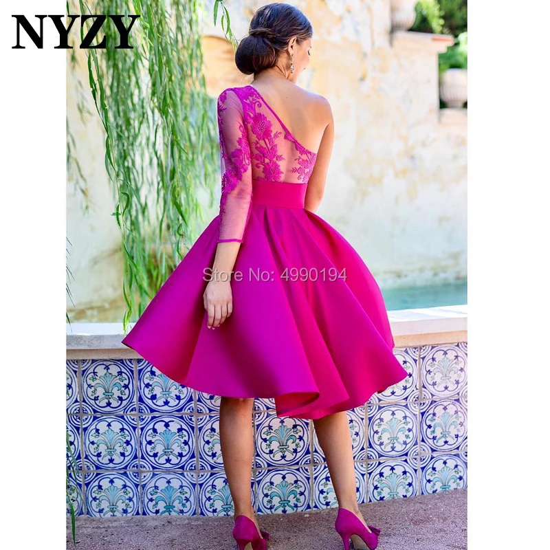 

Vestido Robe Cocktail Dresses NYZY C199 One Shoulder 3/4 Sleeve Fuchsia Short Satin Dress Party Prom Homecoming 2019