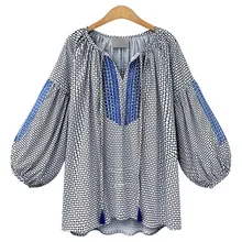 Fashion Women’s Linen Blends Plaid Lantern Full Sleeve V Neck Loose Casual Shirt