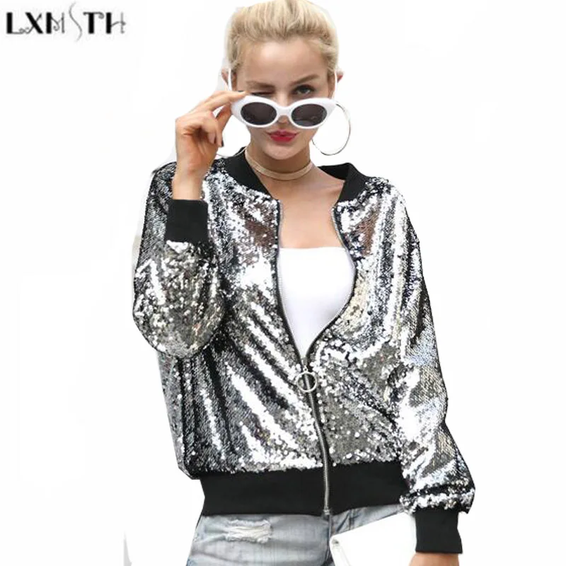 

LXMSTH 2019 Spring New Sequin jackets Women Long Sleeve Casual Zipper Bomber jacket Spring Short Coat Golden Silver Green Black