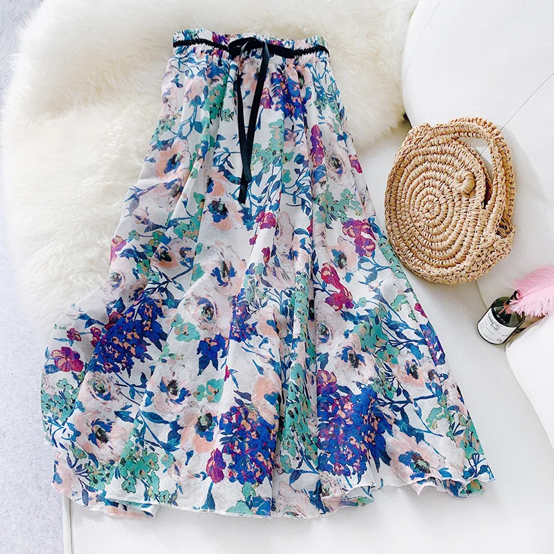 

2019 Flower Print Skirts Women Summer Vintage Long Floral Boho Skirts Female High Waist Lace Up Midi Skirt Lady Jupe Femme