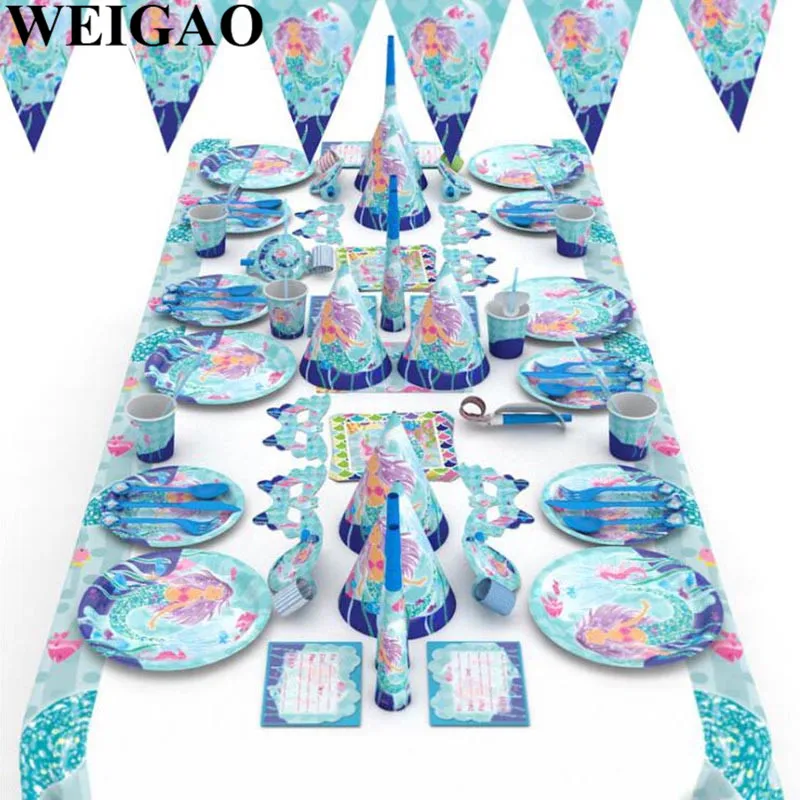 WEIGAO Русалка Вечерние одноразовые посуда набор «С Днем Рождения» вечерние бумажные тарелки чашка Декор-баннер Baby Shower вечерние принадлежности для девочек