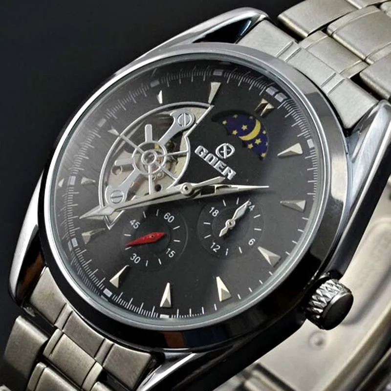 

GOER Brand Watch Men Full Steel Automatic Mechanical Watches Men Tourbillon Watch Moon Phase Chronograph Relogio Masculino