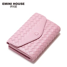 EMINI HOUSE 3 Colors Fashion Sheepskin Knitting Wallet Women Short Wallets Women Coin Purse Luxury Brand Genuine Leather Wallet