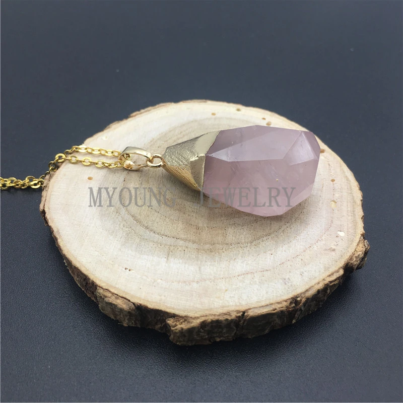 MY0921 Faceted Teardrop Roses Quartz Pendant Charm,Pear Shape Pink Crystal Pendant  Necklace with Gold Color Cap And Chain (2)