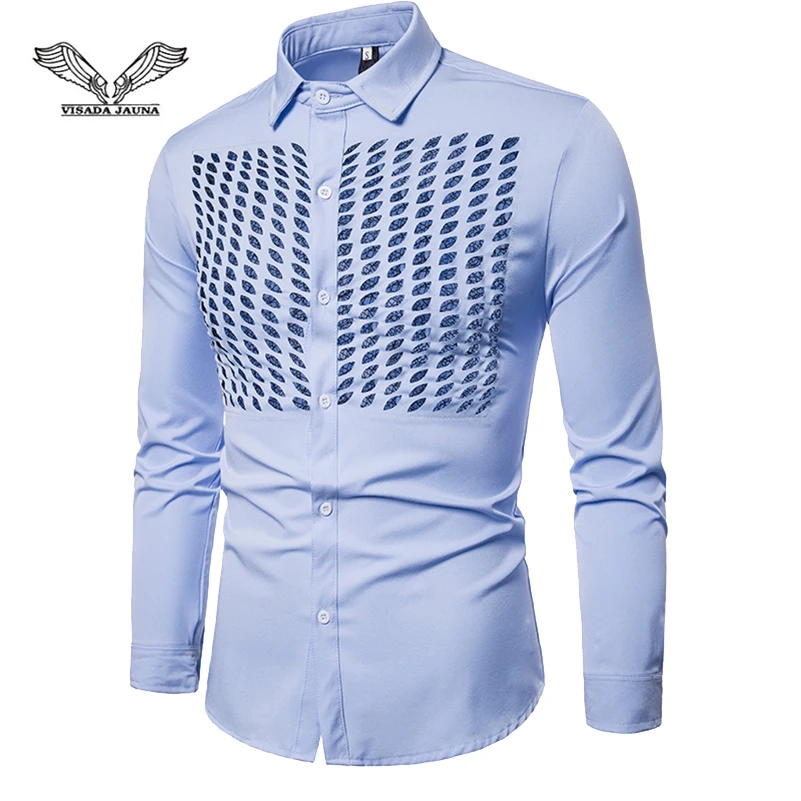 

2019 VISADA JAUNA New Men's Chest Openwork Mesh Fashion Long Sleeve Lapel Shirt Size S-2XL TLH58