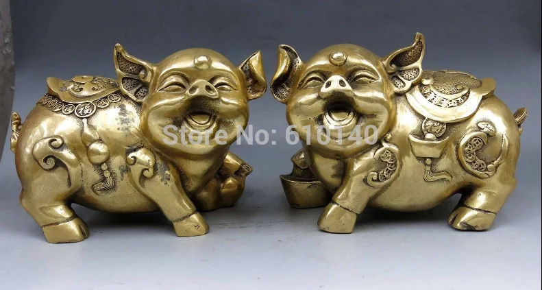 

China Brass Copper Animal Feng shui Yuan Bao Wealth Money Pig A Pair Statue