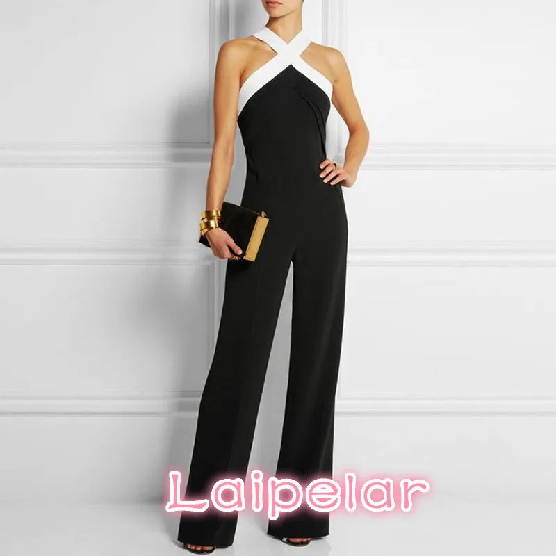 Halter Neck Elegant Sexy Jumpsuits Ladies Loose Slim Casual Overalls Long Pants Women Sleeveless Night Club Romper Laipelar qili night club sexy women jumpsuits sleeveless plaid mesh see through high stretch jumpsuits adult open seat pants jumpsuits