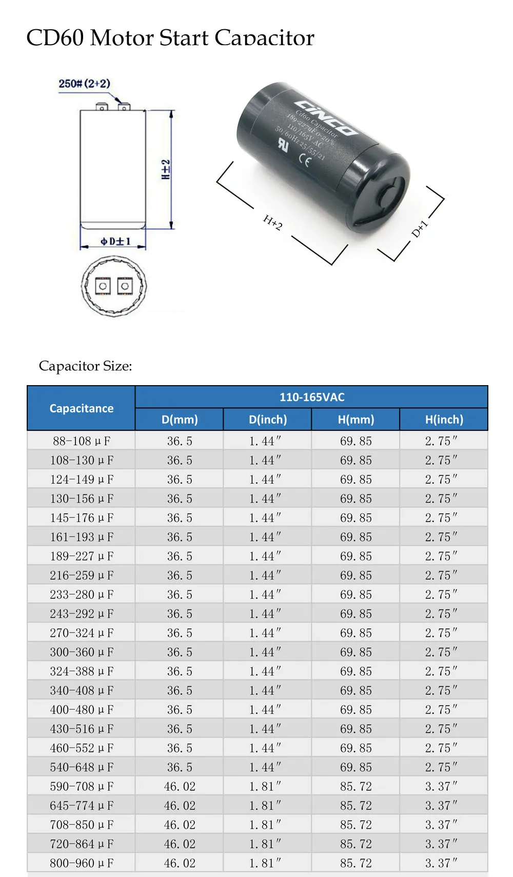 CD60 мотор пусковые конденсаторы запуск двигателя ing 540-648 мкФ 110V 125V 165V 540-648 mfd uf mf компрессор вентиляции и кондиционирования электролитический 110VAC 125VAC