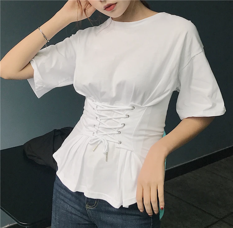 Women Tops 2017 Summer White Slim Waist Shirts Short Sleeves Women's shirts See