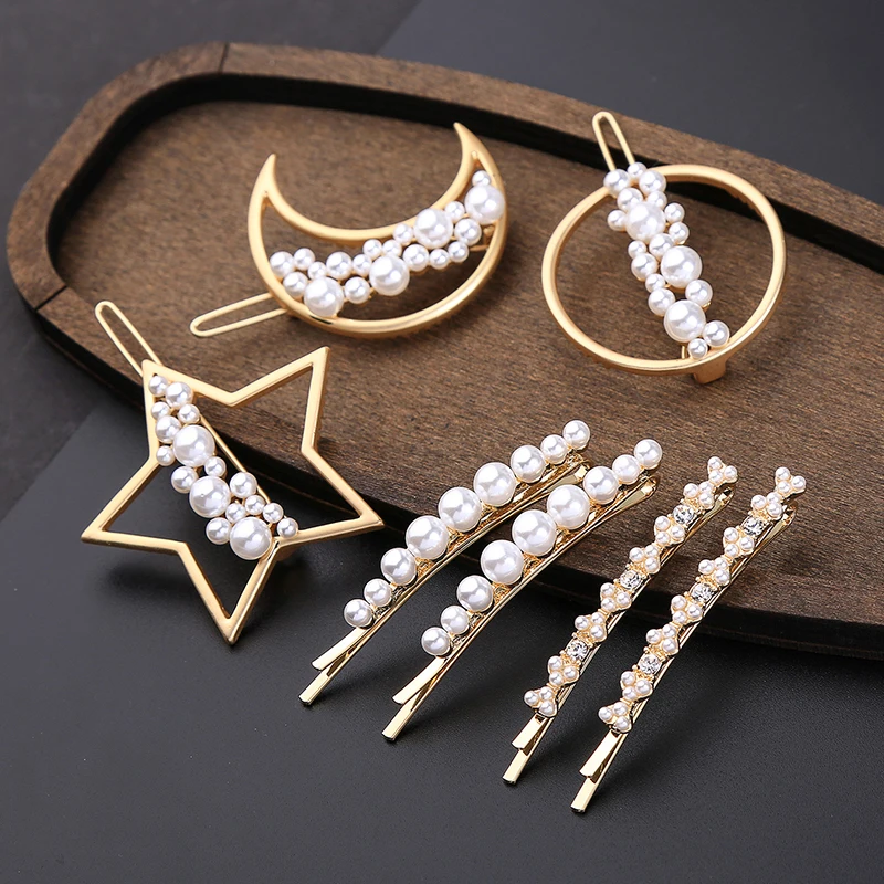 

2019 Various Shapes Acrylic Pearl Moon Star Round Barrettes&Side Clip For Women Gifts Charm Hairwear Fashion Jewelry Accessories