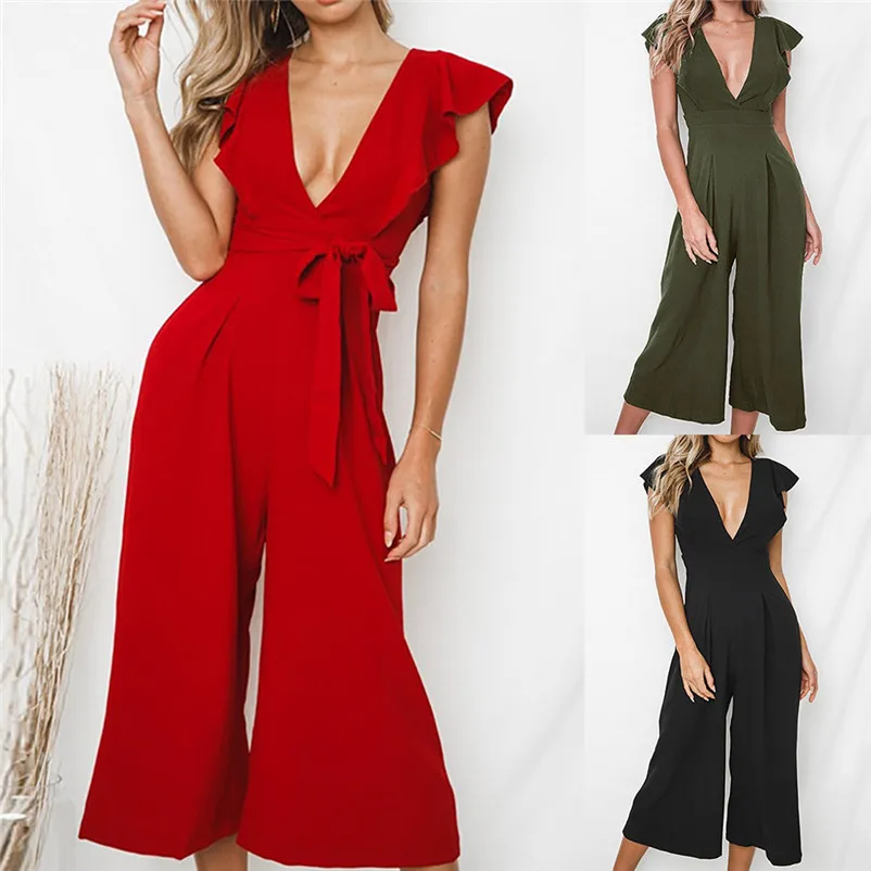 

Fashion summer jumpsuit woman 2019 Sexy Deep-V Rompers Solid Short Sleeve Ruffles Long Jumpsuit pantaloni siamesi Y12