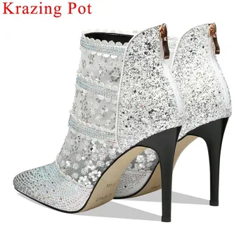 

2019 Celebrity party stiletto 9.5cm heels breathable Spring Summer boots metal zipper pointed toe sexy nightclub ankle boots L23