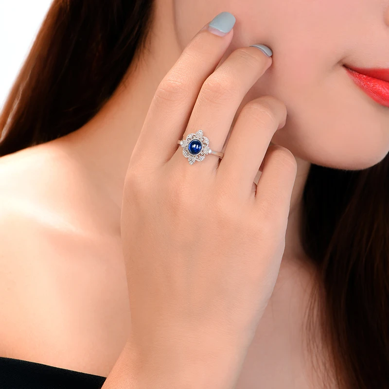CaiMao Cabochon Cut Natural Sapphire Ring Vintage Design White Diamonds 14kt White Gold Engagement Jewelry