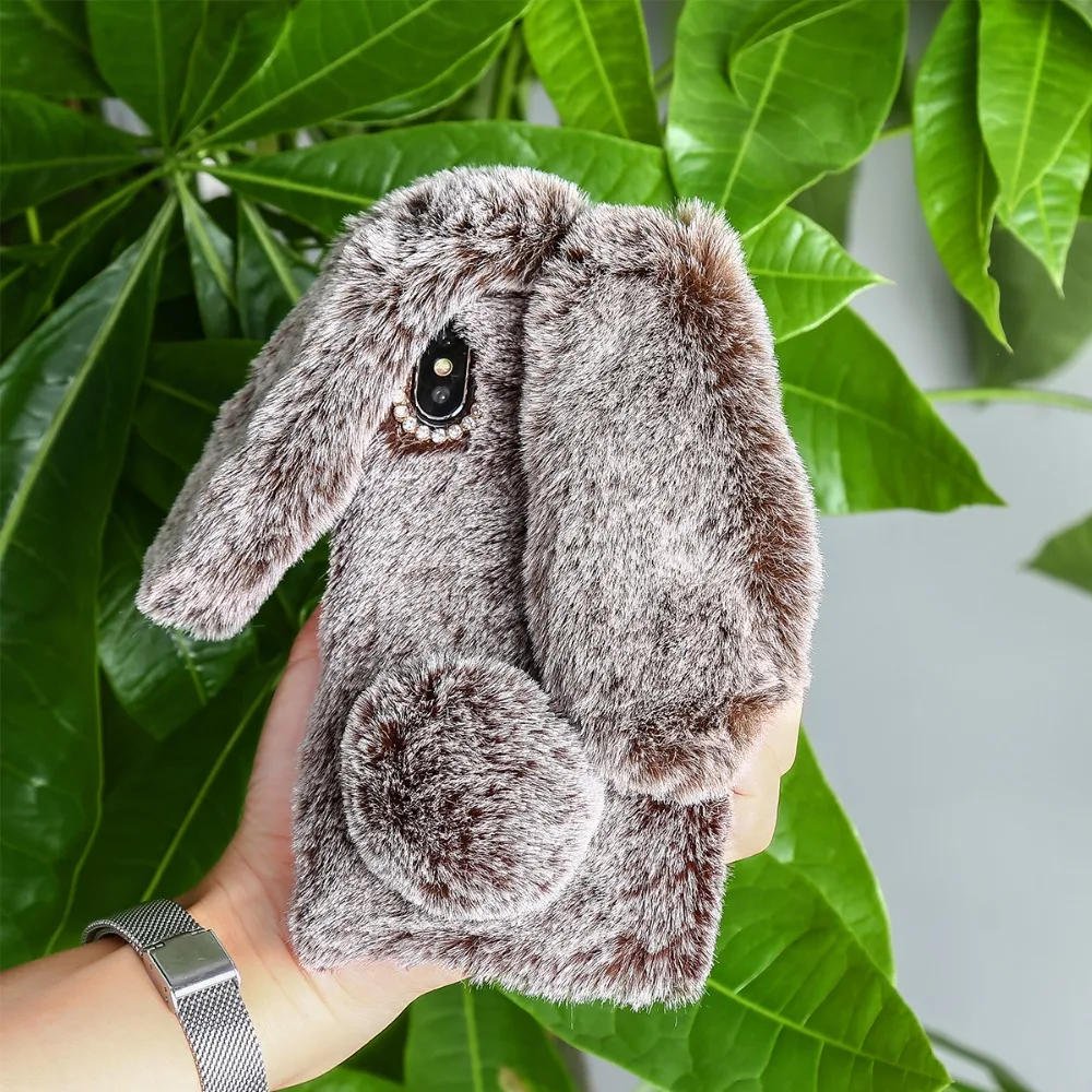 Fluffy Rabbit Fur Silicone Phone Case For iPhone Xs Max XR X Xs 8 7 6 Furry Soft TPU Back Cover