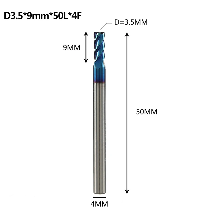 Концевая фреза из вольфрамовой стали hrc60 1 шт., концевые фрезы с плоским наконечником с 4 канавками с синим нано-покрытием для фрезерного станка cnc d1-d20 для нержавеющей стали - Длина режущей кромки: D3.5-9-50-H4-4F