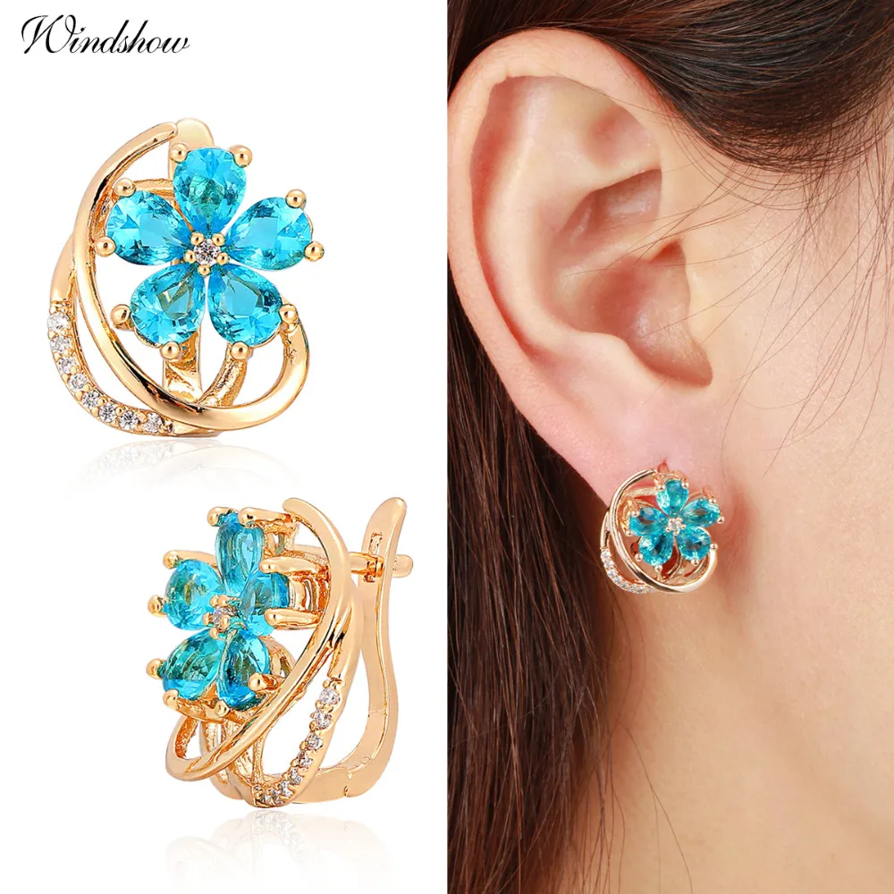 4Colors Five Petal Flower Paved Pear CZ Crystals Huggies Small Hoops Earrings for Women Yellow Gold Color Jewelry New