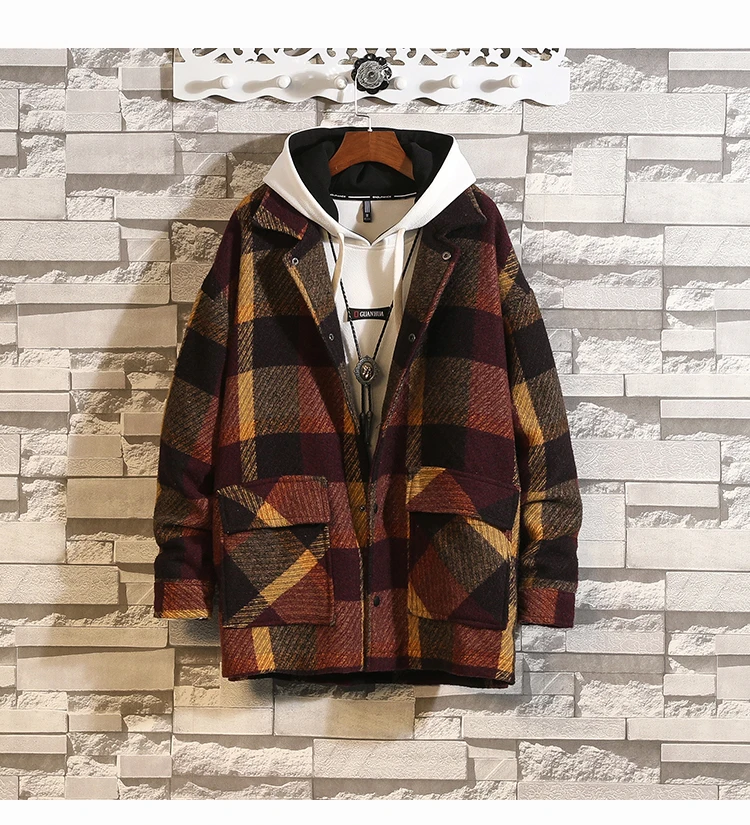 Мужской Тренч цвета хаки,, зимнее шерстяное пальто в клетку, мужская мода, однобортный пиджак, большой размер 5XL, красные пальто#3093